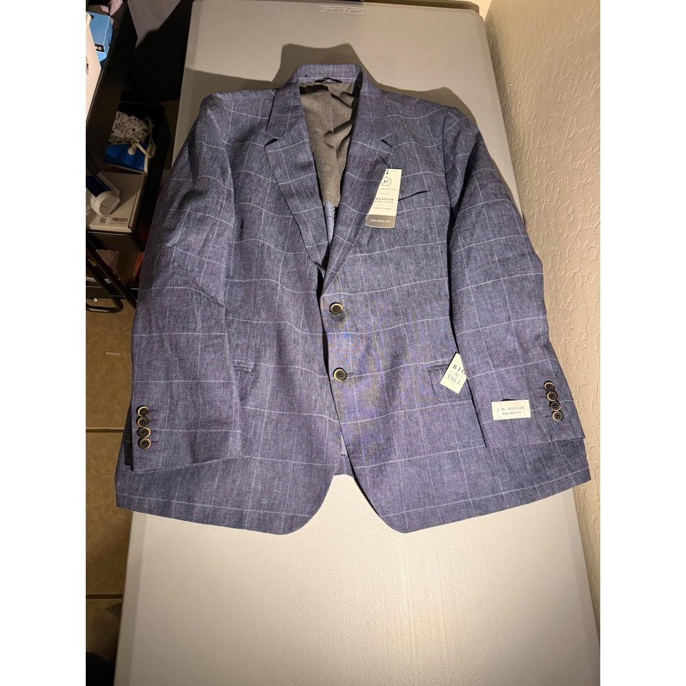 JM Haggar Mens 52 Short Blue Windowpane Linen Blend Sport Coat Blazer HJ90360